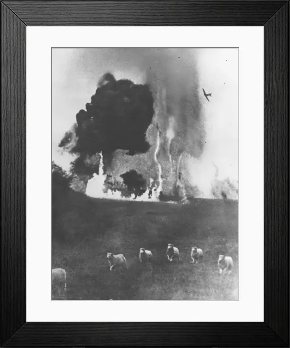 Framed Print : Barrage Balloon in flames over Dover, Kent. No date for picture Framed Print : Barrage Balloon in flames over Dover, Kent. No date for picture