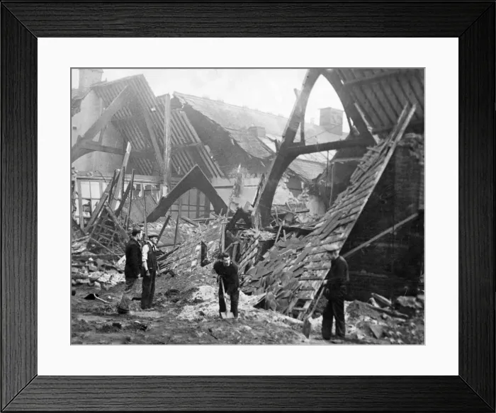 Framed Print : Recovery squads at work after a Nazi Luftwaffe raid on St Johns School Framed Print : Recovery squads at work after a Nazi Luftwaffe raid on St Johns School