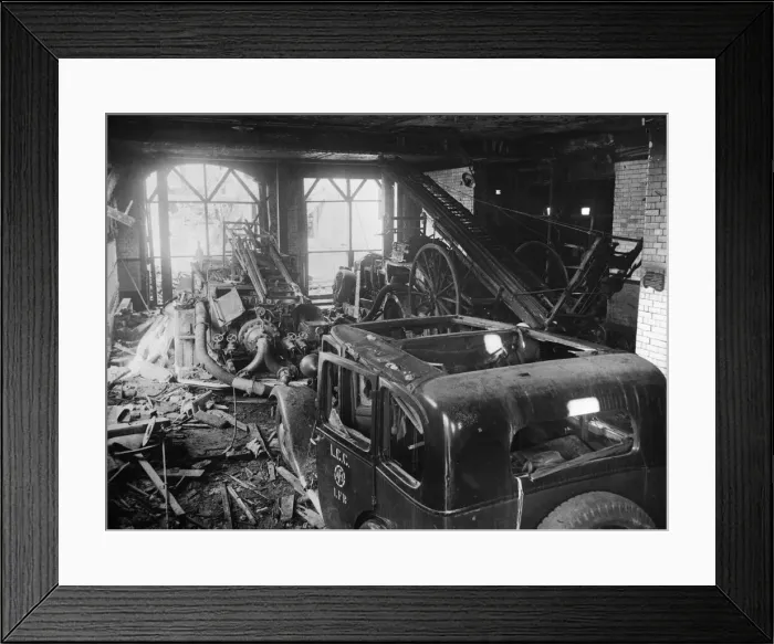 Framed Print : AFS (The Auxiliary Fire Service) damaged vehicles at a fire station in London Framed Print : AFS (The Auxiliary Fire Service) damaged vehicles at a fire station in London