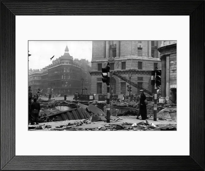 Framed Print : Londons second fire blitz. Huge crater outside the Bank. Circa 1941 Framed Print : Londons second fire blitz. Huge crater outside the Bank. Circa 1941