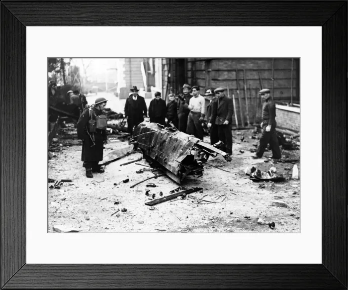 Framed Print : Part of a bomber brought down in Kensington, London. 16th April 1941 Framed Print : Part of a bomber brought down in Kensington, London. 16th April 1941