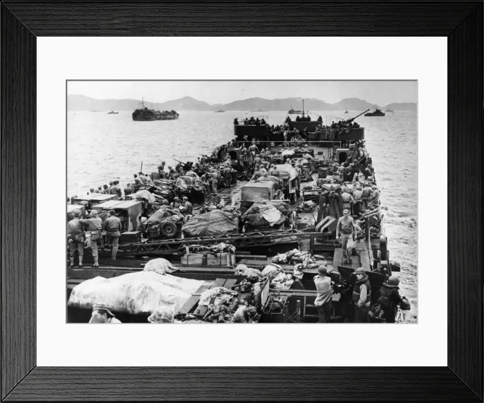 Framed Print : US landing ship approaches Iheya Island. An LST (landing ship Framed Print : US landing ship approaches Iheya Island. An LST (landing ship