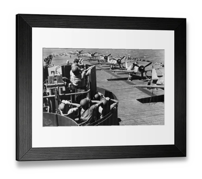 Framed Print : Members of a United States Navy gun crew tt their battle stations scan the sky while