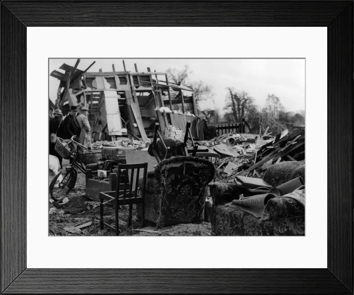 Framed Print : The owners of these chairs and settee were killed in a blitz which destroyed army huts Framed Print : The owners of these chairs and settee were killed in a blitz which destroyed army huts