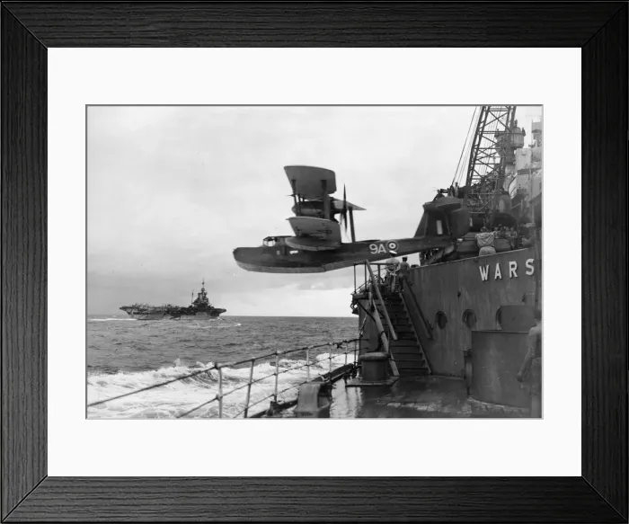 Framed Print : A Walrus aircraft of the British Royal Navy Fleet Air Arm ibeing catapulted from Framed Print : A Walrus aircraft of the British Royal Navy Fleet Air Arm ibeing catapulted from