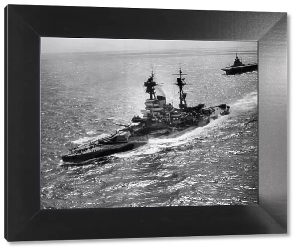 The Royal Navy 26, 000 ton Revenge Class battleship HMS Resolution at sea during