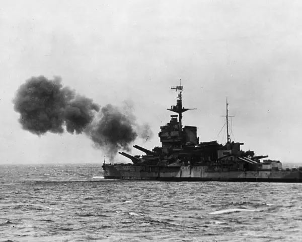 The fifteen inch guns of British Royal Navy warship HMS Warspite