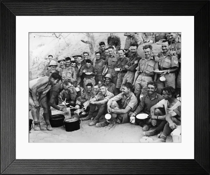 Framed Print : A happy group of British soldiers awaiting their turn for food at a meal parade in Framed Print : A happy group of British soldiers awaiting their turn for food at a meal parade in