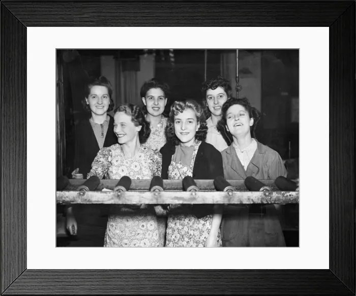 Framed Print : Munition working ladies in their factory. They are enjoying their moment together Framed Print : Munition working ladies in their factory. They are enjoying their moment together
