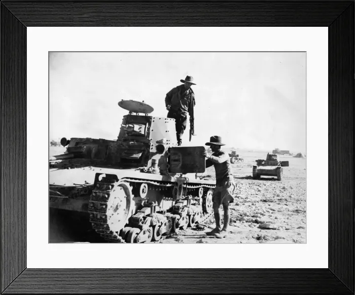 Framed Print : Two Australians inspect Italian tanks abandoned in the Western Desert. December 1940 Framed Print : Two Australians inspect Italian tanks abandoned in the Western Desert. December 1940