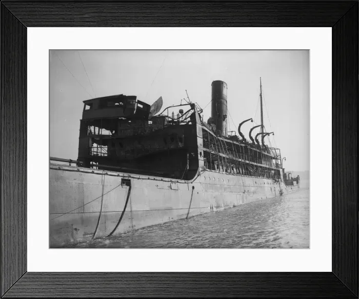Framed Print : Picture shows The Domala, an Italian Liner, after it was bombed off the English coast in Framed Print : Picture shows The Domala, an Italian Liner, after it was bombed off the English coast in