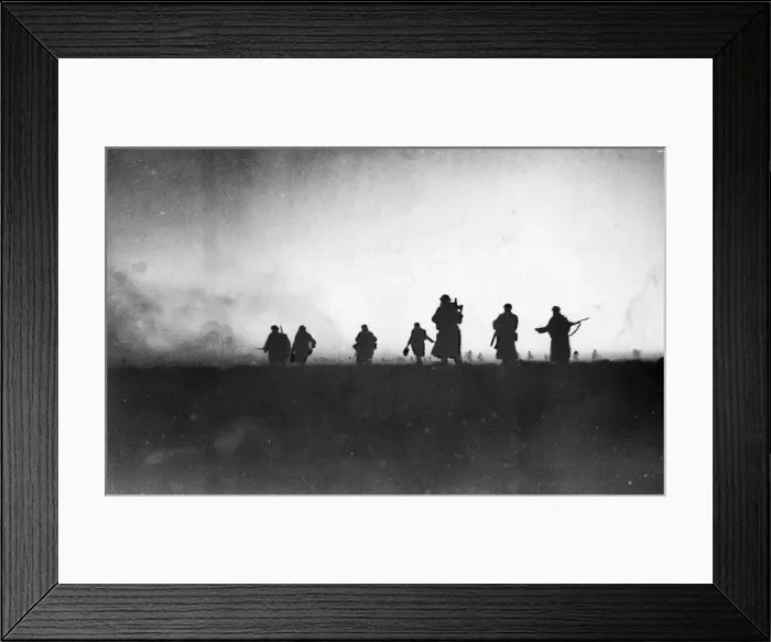 Framed Print : Australian troops advancing towards the defences of Bardia, in the light of the dawn Framed Print : Australian troops advancing towards the defences of Bardia, in the light of the dawn