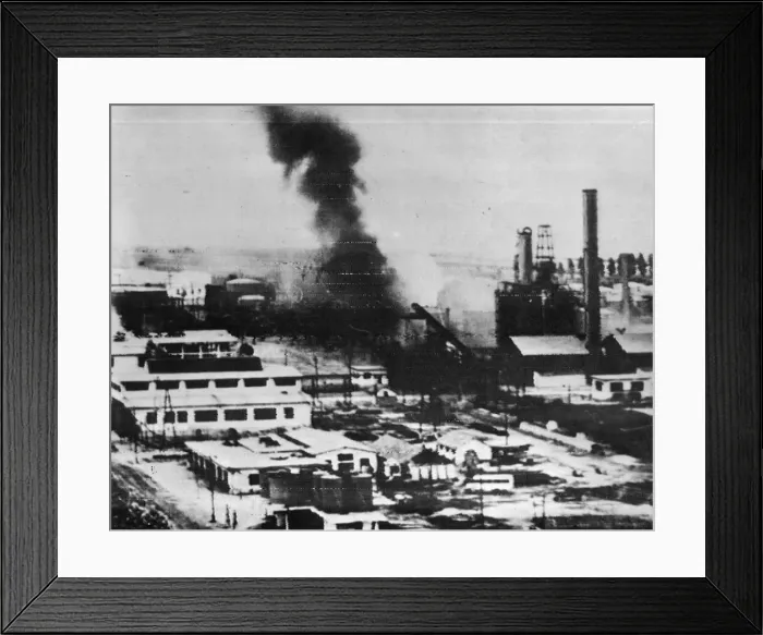 Framed Print : Fire burning at the Creditual Minier plant in Romania after a 9th Airforce Framed Print : Fire burning at the Creditual Minier plant in Romania after a 9th Airforce