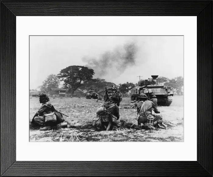 Framed Print : Indian tanks and infantry attack a village in Burma during Second World War