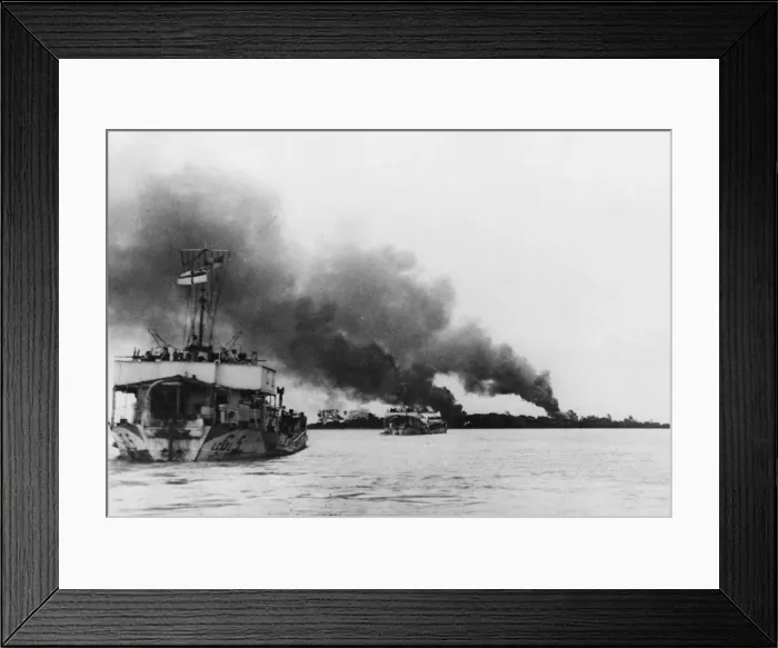 Framed Print : Allied craft travel up the Rangoon River through smoke caused by airstrikes Framed Print : Allied craft travel up the Rangoon River through smoke caused by airstrikes