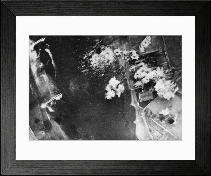 Framed Print : Bombs falling right across the target during the attack on the oil refinery Framed Print : Bombs falling right across the target during the attack on the oil refinery