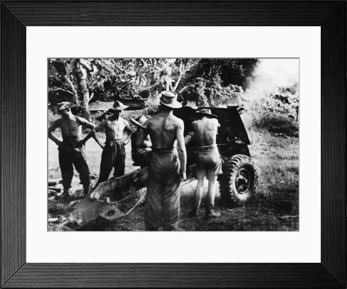 Framed Print : Men of the 36th Infantry Division firing a 25-pdr field gun in the Burmese jungle against Framed Print : Men of the 36th Infantry Division firing a 25-pdr field gun in the Burmese jungle against