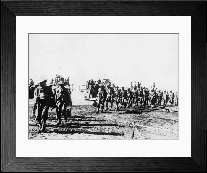 Framed Print : Indian troops disembarking from their landing craft after commandos had secured the beach Framed Print : Indian troops disembarking from their landing craft after commandos had secured the beach
