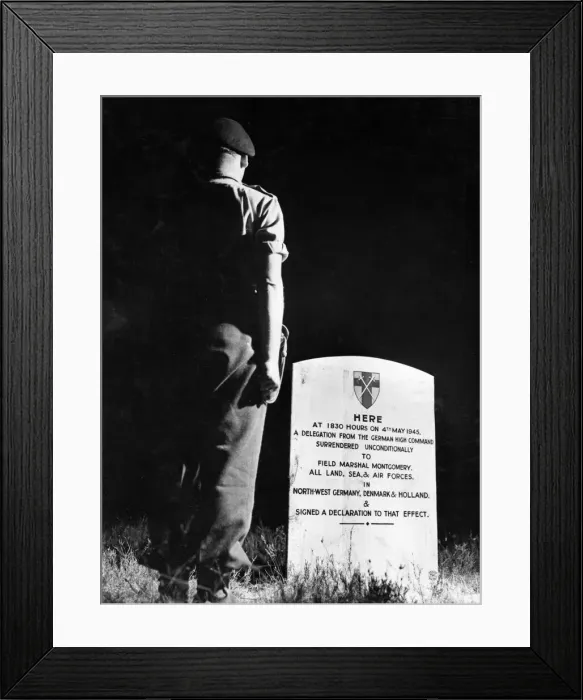 Framed Print : A simple wooden plaque marks the spot on Luneberg Heath where the Germans signed Framed Print : A simple wooden plaque marks the spot on Luneberg Heath where the Germans signed