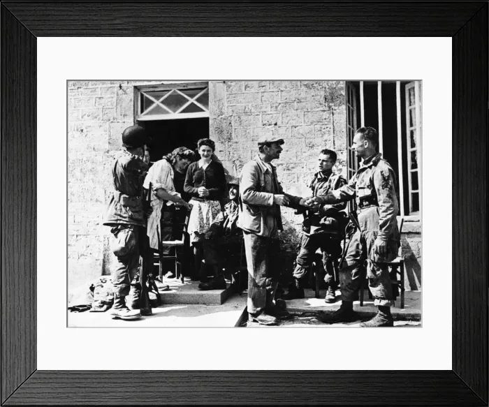 Framed Print : French civilians welcome American paratroopers, members of the Allied Expeditionary Force Framed Print : French civilians welcome American paratroopers, members of the Allied Expeditionary Force