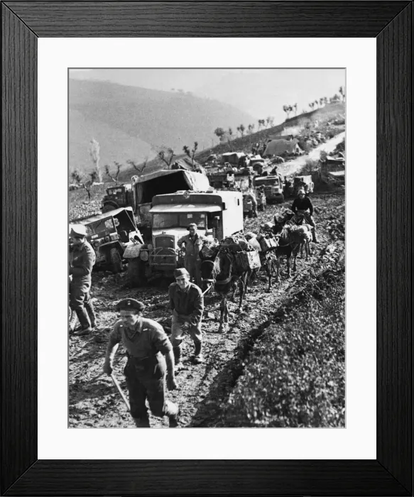Framed Print : Fifth army supply route, Italy. Transport held up while the road is repaired Framed Print : Fifth army supply route, Italy. Transport held up while the road is repaired