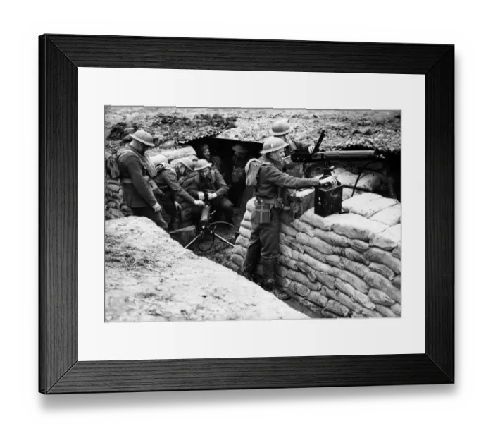Framed Print : A battalion of the Middlesex Regiment in a dugout with a machine gun post Framed Print : A battalion of the Middlesex Regiment in a dugout with a machine gun post