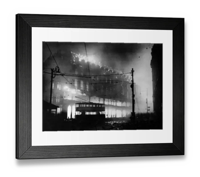 Framed Print : The centre of Sheffield ablaze during the first major bombing raid to hit the city