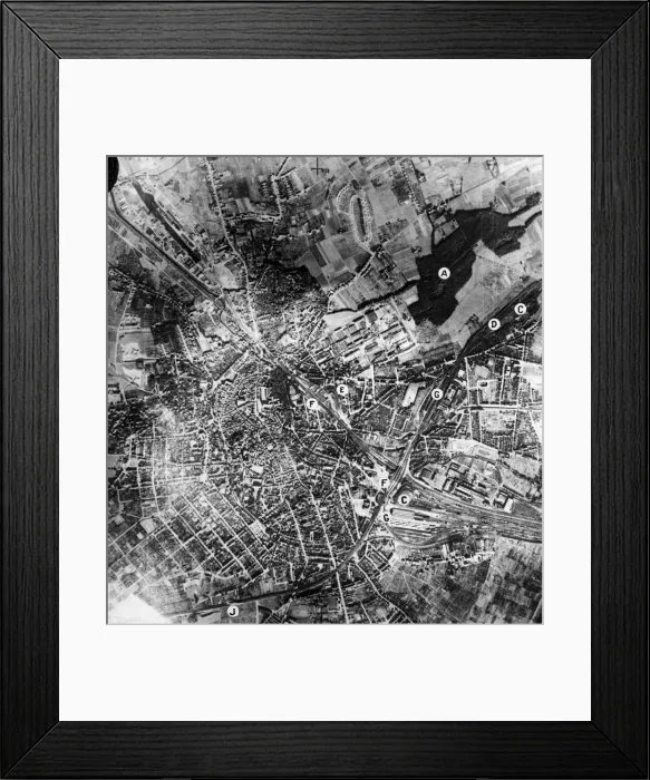 Framed Print : Reconnaissance photo taken by the RAF over the industrial town of Osnabruck, Germany Framed Print : Reconnaissance photo taken by the RAF over the industrial town of Osnabruck, Germany