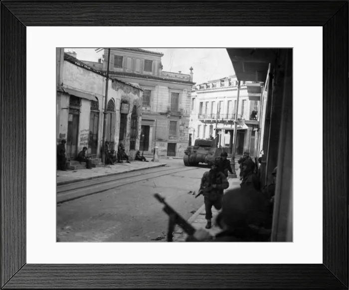 Framed Print : A company of paratroopers accompanied by a Sherman tank hunt snipers in Athens Framed Print : A company of paratroopers accompanied by a Sherman tank hunt snipers in Athens