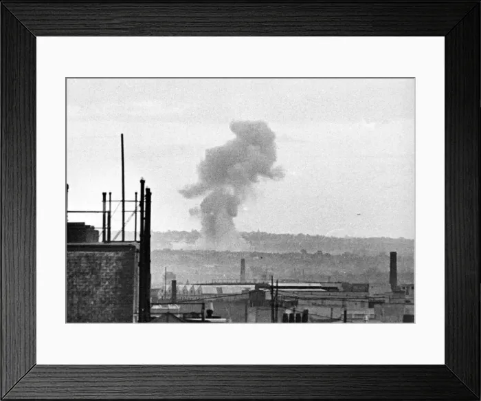 Framed Print : Robot bomb exploding - picture taken from the roof of the Daily Mirror at Fetter Lane Framed Print : Robot bomb exploding - picture taken from the roof of the Daily Mirror at Fetter Lane