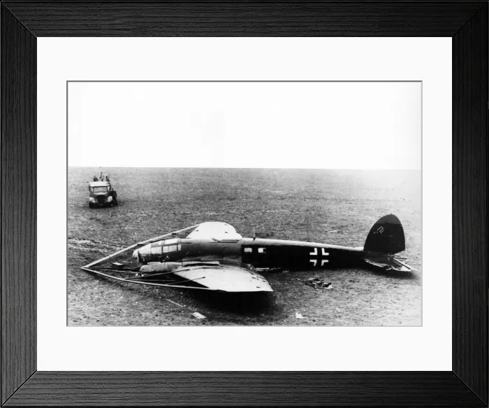 Framed Print : Heinkel He 111 Mk V, fitted with barrage balloon cutting device brought down on moorland Framed Print : Heinkel He 111 Mk V, fitted with barrage balloon cutting device brought down on moorland
