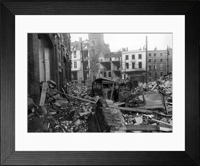 Framed Print : Fire appliances trapped and burnt out during the night. 29th December 1940 Framed Print : Fire appliances trapped and burnt out during the night. 29th December 1940