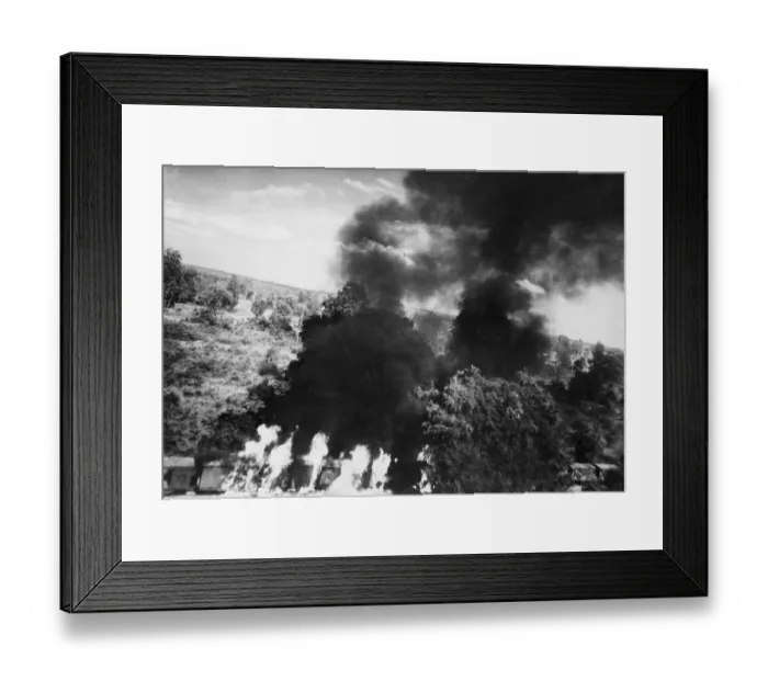 Framed Print : A thick columns of black smoke rising from a Japanese train attacked by Bristol Framed Print : A thick columns of black smoke rising from a Japanese train attacked by Bristol