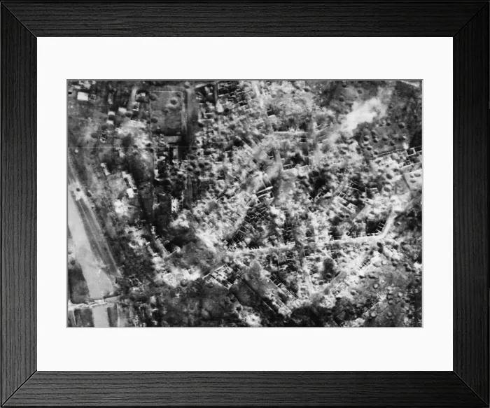 Framed Print : Reconnaissance photograph taken by a Spitfire of 542 Squadron of the completely destroyed Framed Print : Reconnaissance photograph taken by a Spitfire of 542 Squadron of the completely destroyed