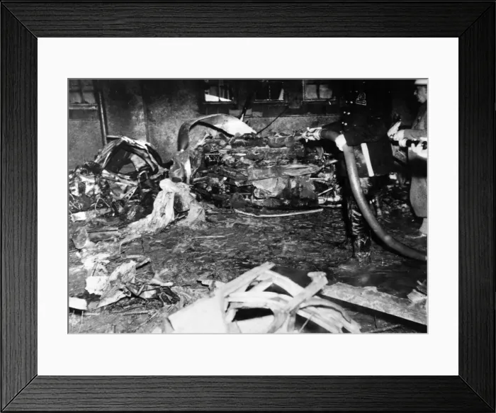 Framed Print : He 111 which crashed and blew up amongst houses at Clacton-on-Sea, Essex. 30th April 1940 Framed Print : He 111 which crashed and blew up amongst houses at Clacton-on-Sea, Essex. 30th April 1940