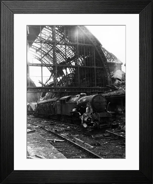 Framed Print : A bombed railway station somewhere in England. Circa 1941 Framed Print : A bombed railway station somewhere in England. Circa 1941