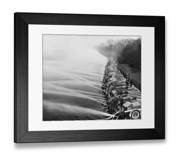 Framed Print : Fire services training with their pumps and hoses. Possibly London