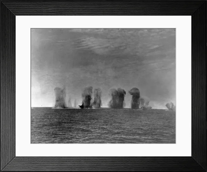 Framed Print : Bombs falling all around of HMS Ark Royal during an attack by Italian aircraft during Framed Print : Bombs falling all around of HMS Ark Royal during an attack by Italian aircraft during