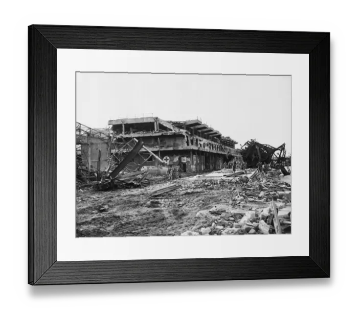 Framed Print : Devastation In Boulogne. Devastated docks and warehouses in part of the harbour Framed Print : Devastation In Boulogne. Devastated docks and warehouses in part of the harbour