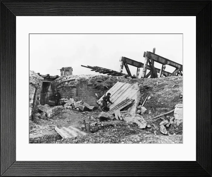 Framed Print : Two infantry men on patrol pass under a blown up approach to a railway bridge of Framed Print : Two infantry men on patrol pass under a blown up approach to a railway bridge of