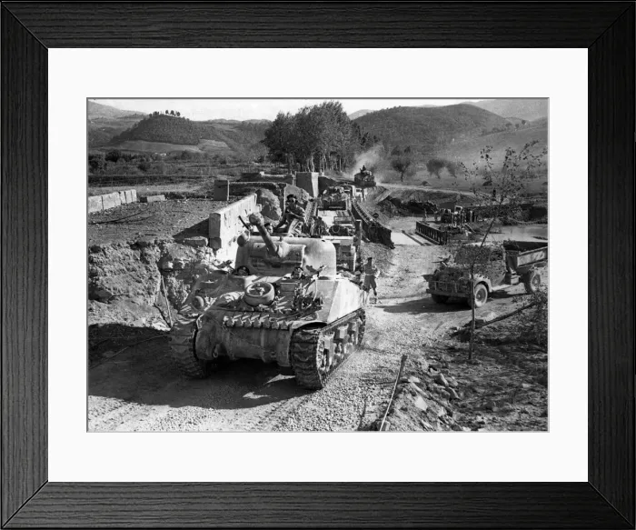 Framed Print : Canadian armour crossing a Bailey Bridge over the River Sieve, Italy Framed Print : Canadian armour crossing a Bailey Bridge over the River Sieve, Italy