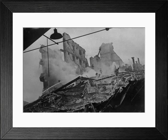 Framed Print : Firemen try to dampen down the fire following the destruction of The Corporation Granary Framed Print : Firemen try to dampen down the fire following the destruction of The Corporation Granary