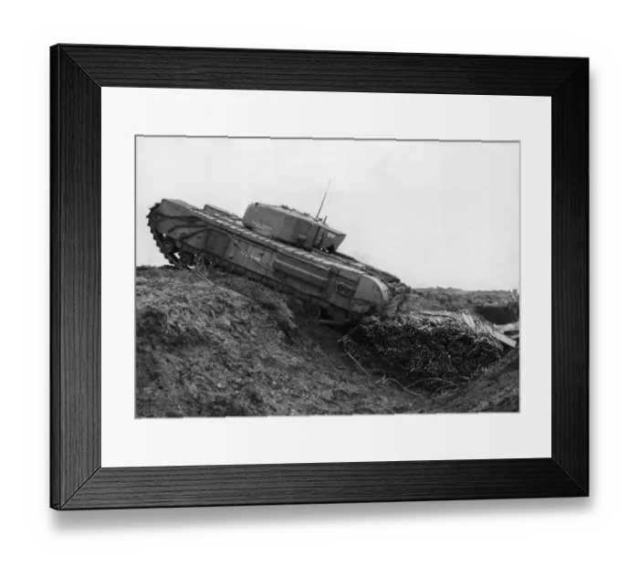 Framed Print : British A. V. R. E. mortar tank crossing a fascine. September 1944