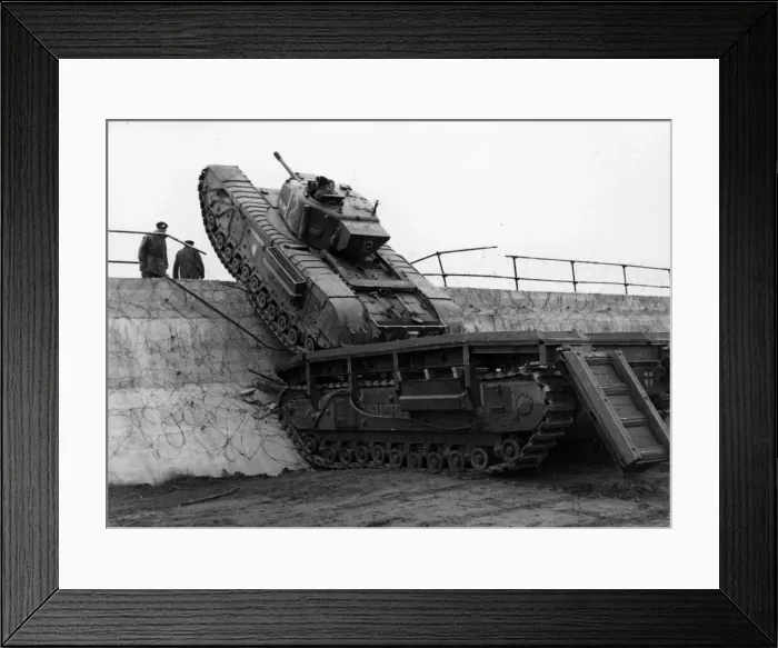 Framed Print : Self propelled Twaby bridge being used by a tank. June 1945 Framed Print : Self propelled Twaby bridge being used by a tank. June 1945