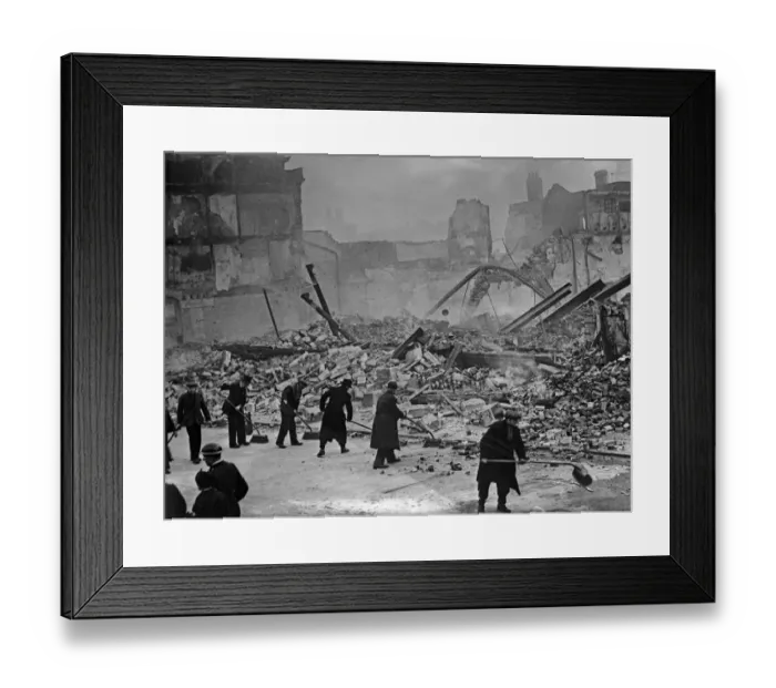 Framed Print : Clearing the debris of Barton Warehouse, Stokes Croft, Bristol following the first heavy