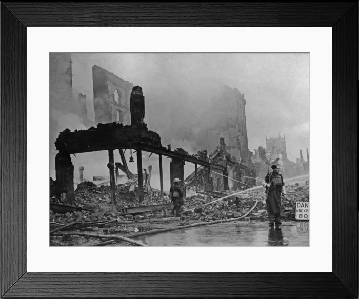 Framed Print : A unexploded bomb amongst the smouldering remains of shops in Bridge Street, Bristol Framed Print : A unexploded bomb amongst the smouldering remains of shops in Bridge Street, Bristol