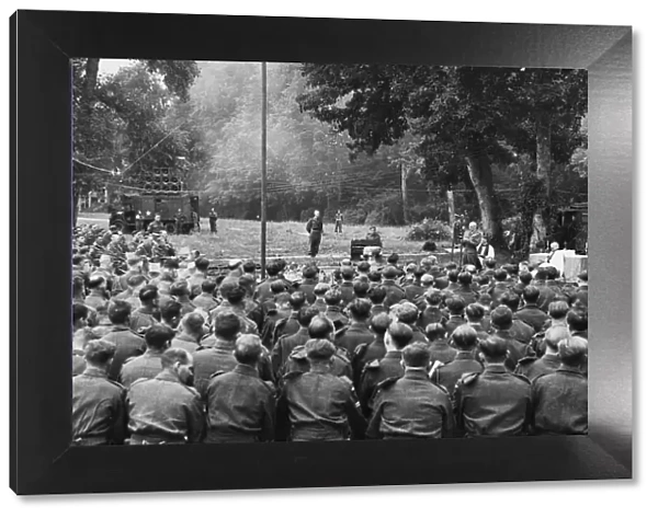 Mobile church for British troops in France. Field Marshall Montgomery reading