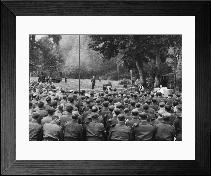 Framed Print : Mobile church for British troops in France. Field Marshall Montgomery reading Framed Print : Mobile church for British troops in France. Field Marshall Montgomery reading