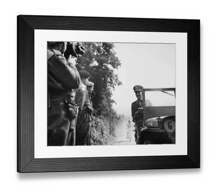 Framed Print : Lieut. Gen. M. C Dempsey, O. B. E M. C (in jeep) talking to Major the Marquis of Hartington Framed Print : Lieut. Gen. M. C Dempsey, O. B. E M. C (in jeep) talking to Major the Marquis of Hartington