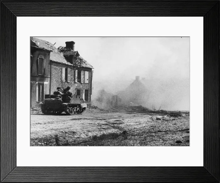 Framed Print : British advance south of Caumont. A Bren gun crew move cautiously forward through Framed Print : British advance south of Caumont. A Bren gun crew move cautiously forward through